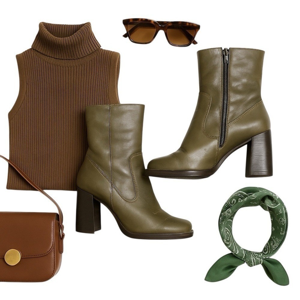 Mango Texas Olive Green Leather Western Chelsea Boots Women's Size 9 Ankle